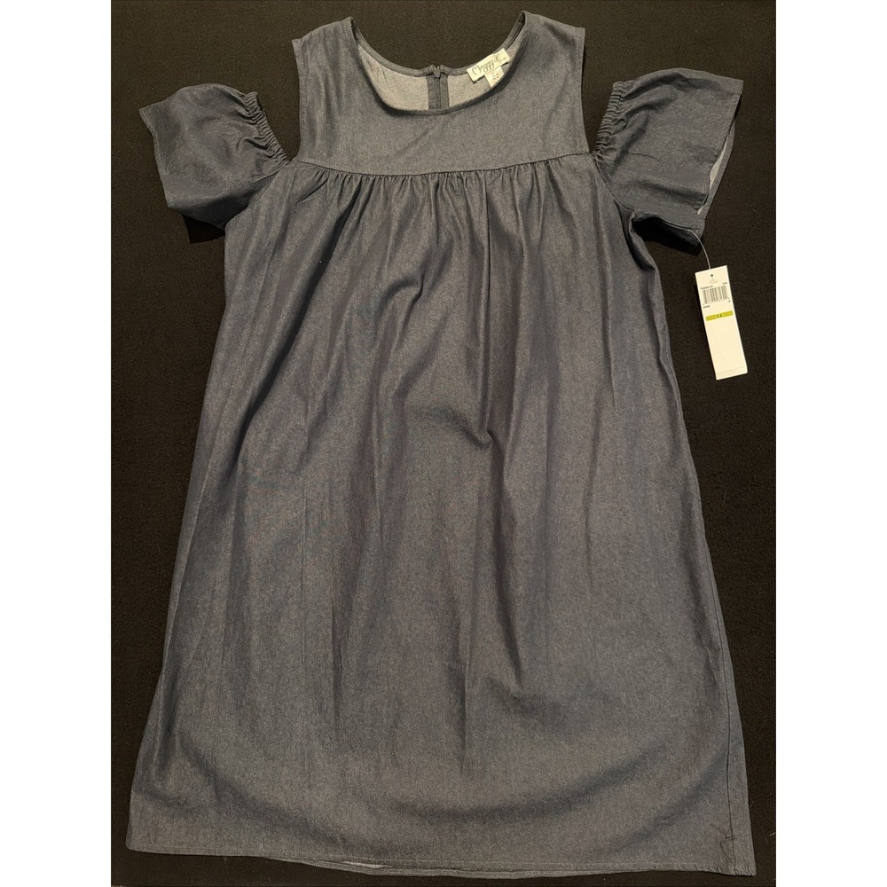 Maggy L Chambray Denim Stretch Cold Shoulder Swing Angel Dress Size Large